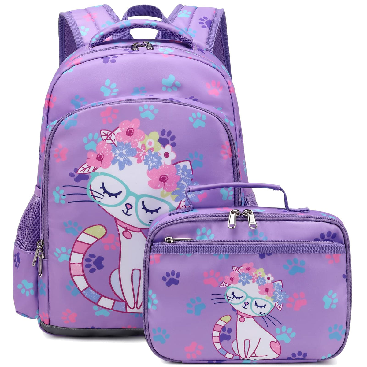 Octsky Backpack for Girls Kids School Backpacks with Lunch Box Preschool Kindergarten BookBag Set With Chest Strap Cat Purple