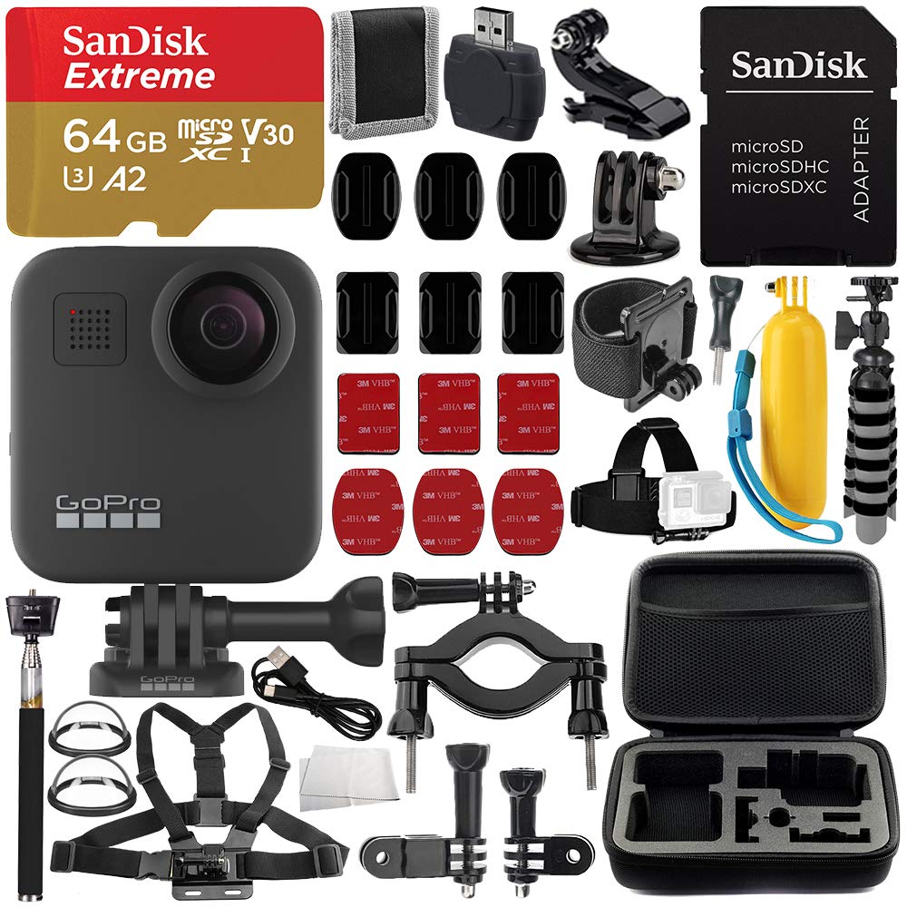 GoPro MAX 360 Action Camera Essential Bundle - Includes: SanDisk Extreme 64GB microSDXC Memory Card + Selfie Stick + Protective Carrying Case + Flexible Gripster Tripod Floating ÃƒÂ¢Ã¢â€šÂ¬Ã…â€œBobberÃƒÂ¢Ã¢â€šÂ¬Ã‚Â Handle + More