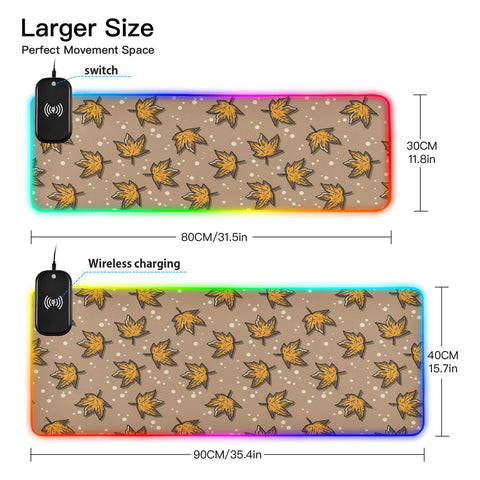 Cute Autumn Fall Maple Leaves Wireless Charging Mouse Pad for Mobile Phone Extra Large Gaming Mousepad with 13 Lighting Modes Keyboard Mat for Gaming MacBook PC Laptop Desk Home Office