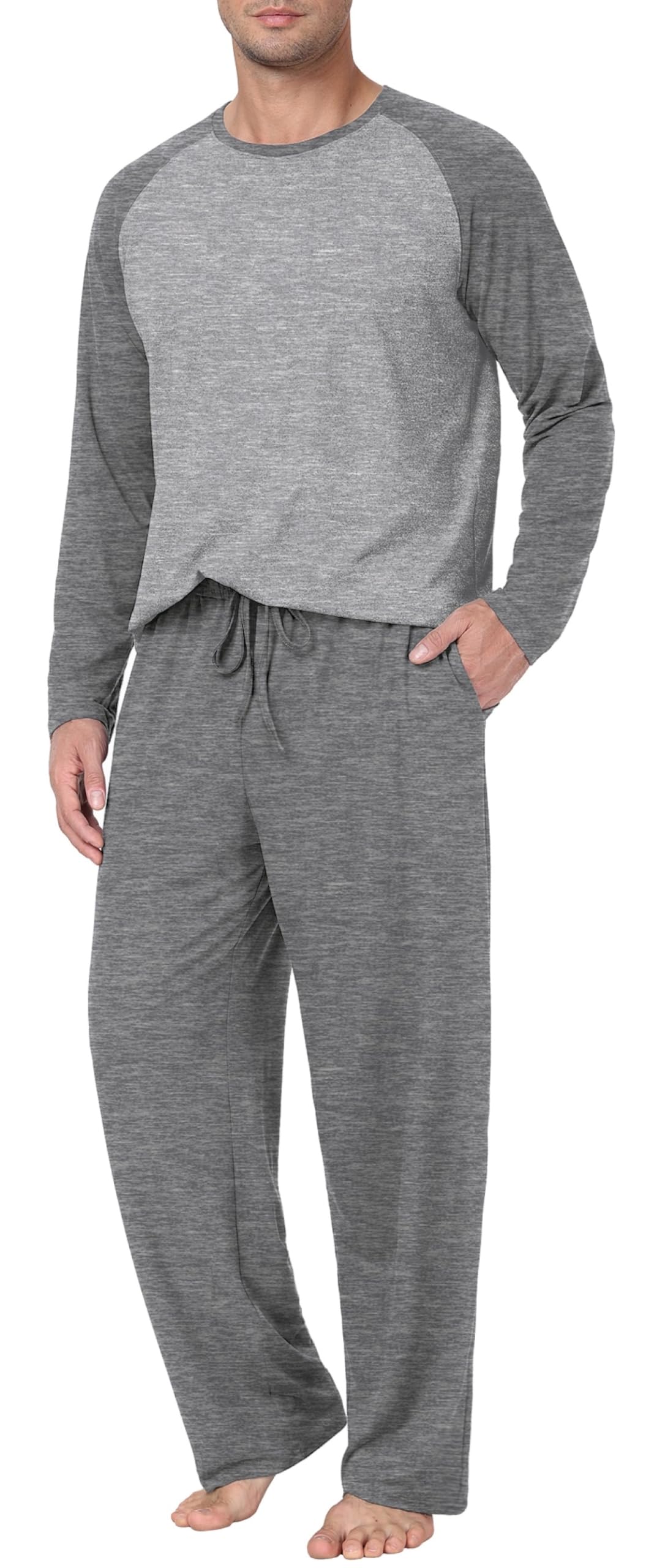 PrinStory Pyjamas For Men Crew Neck Top And Lounge Pants With Pockets Men'S Nightwear Soft Long Sleeve Sleepwear Loungewear Comfortable Mens Nightwear (Dark Grey, L)