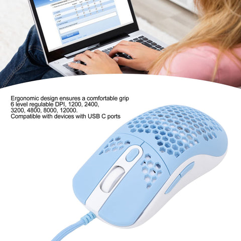 Luqeeg Pro Wired Gaming Mouse - 12000 DPI, Honeycomb Shell, RGB Backlight, 6 Lighting Effect Modes, Ultra Lightweight, USB Type C Ergonomic Gaming Mouse(Blue)