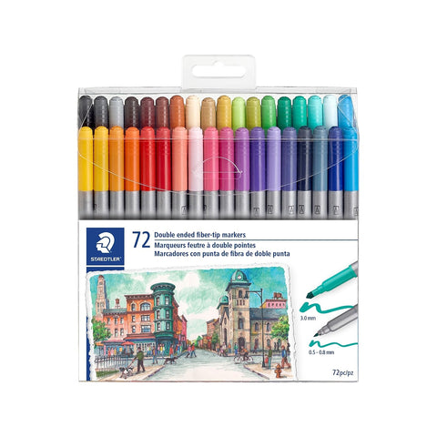 STAEDTLER 3200 TB72 Design Journey Double-Ended Fibre-Tip Pens with Thin & Wide Nibs - Assorted Colours (Pack of 72)