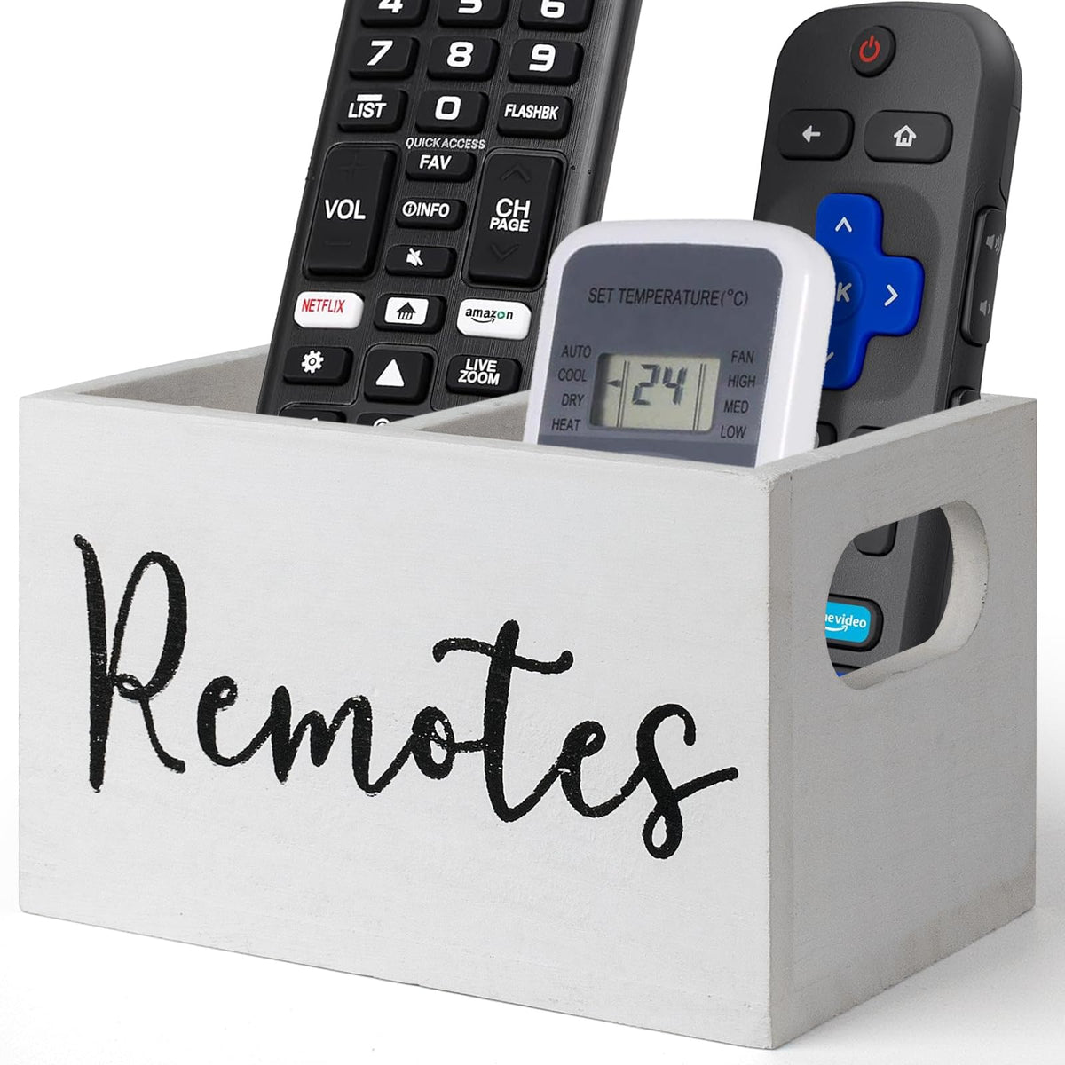 VACONICO Remote Control Holder for Table, Wooden TV Remote Holder, Remote Box Storage Organizer, Remote Caddy for Bedside, Couch- White (2 Compartments)