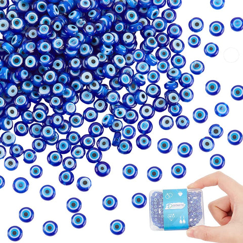 DICOSMETIC 4 Strands Evil Eye Beads Handmade Lampwork Beads Dark Blue Flat Round Eye Beads Chain Small Glass Spacer Beads for Bracelet Necklace Earring Making Craft, Hole: 0.6mm