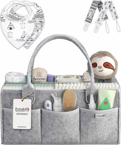 PUTSKA Baby Nappy Caddy Organiser Set - Baby Shower Gifts, Newborn Essentials, New Baby Boy and Girl Gifts