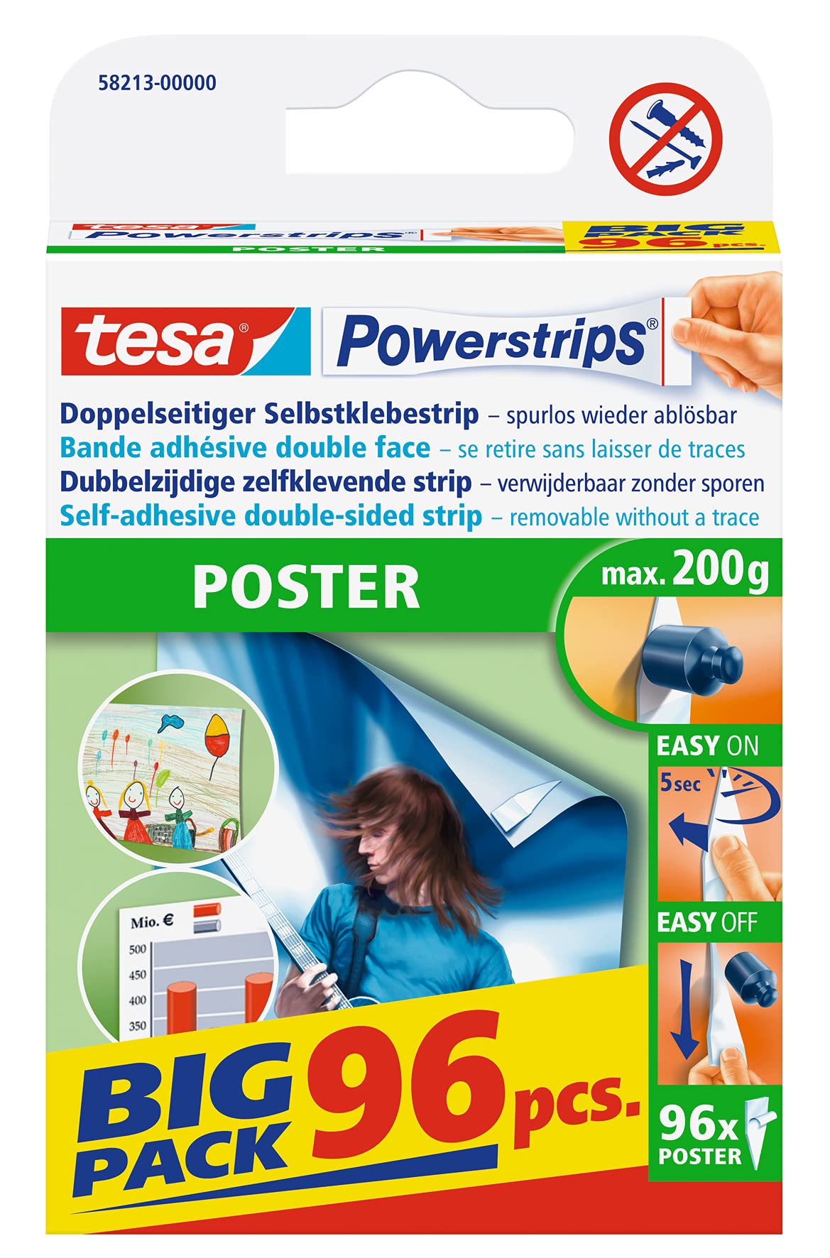 tesa UK Powerstrips Poster - Double-Sided Adhesive Strip for Posters - Self-Adhesive Picture Hanging Strips - Tapered -Holds up to 200 g - Pack of 96, Clear, (58213-00000-03)