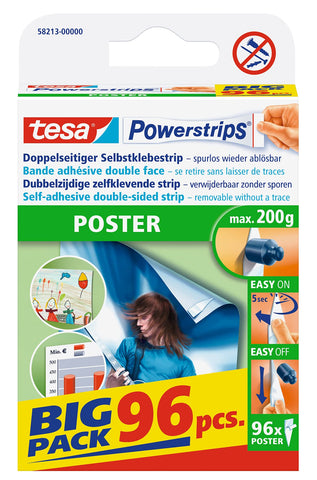 tesa UK Powerstrips Poster - Double-Sided Adhesive Strip for Posters - Self-Adhesive Picture Hanging Strips - Tapered -Holds up to 200 g - Pack of 96, Clear, (58213-00000-03)