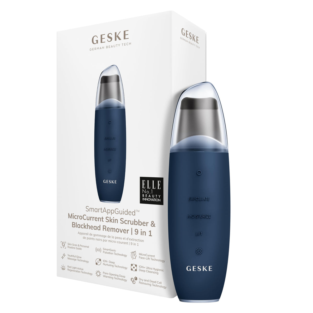 GESKE SmartAppGuided™ MicroCurrent Skin Scrubber & Blackhead Remover | 9 in 1 | Skincare Tool | Pores Cleaner | Anti-Aging and Cleansing | Professional face Lift | Blackheads Removal & Extraction