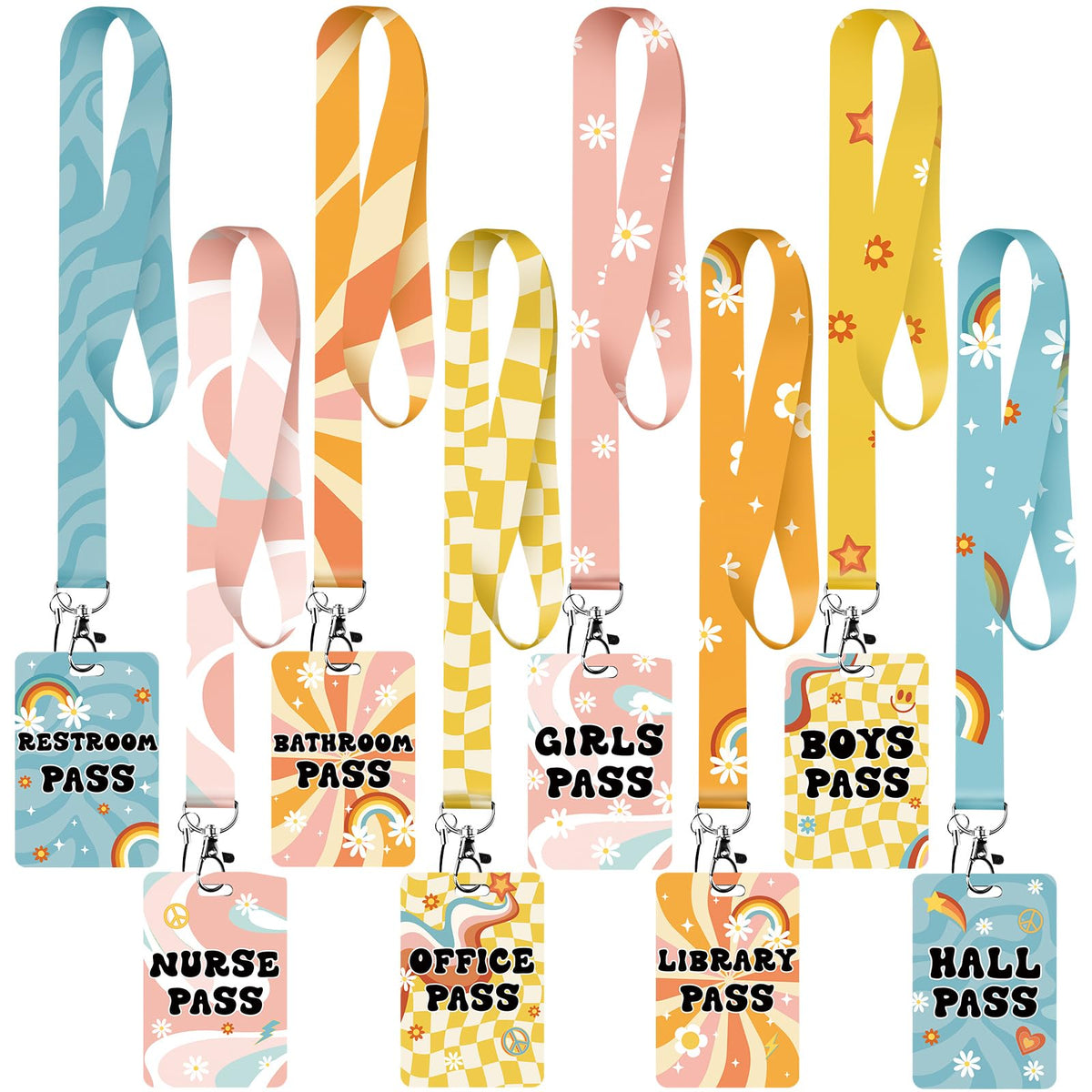 8 Sets Hall Lanyards Passes Classrooms Passes Set Unbreakable Classroom Passes for Bathroom Restroom Library Oh Happy Day School Hall Lanyards Passes for Office Nurse Boy Girl (Retro Style)