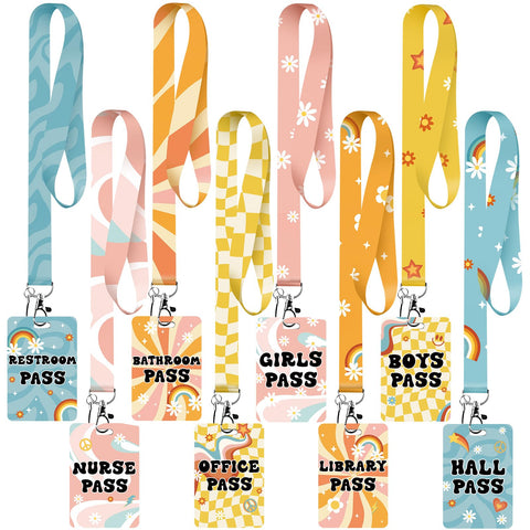 8 Sets Hall Lanyards Passes Classrooms Passes Set Unbreakable Classroom Passes for Bathroom Restroom Library Oh Happy Day School Hall Lanyards Passes for Office Nurse Boy Girl (Retro Style)