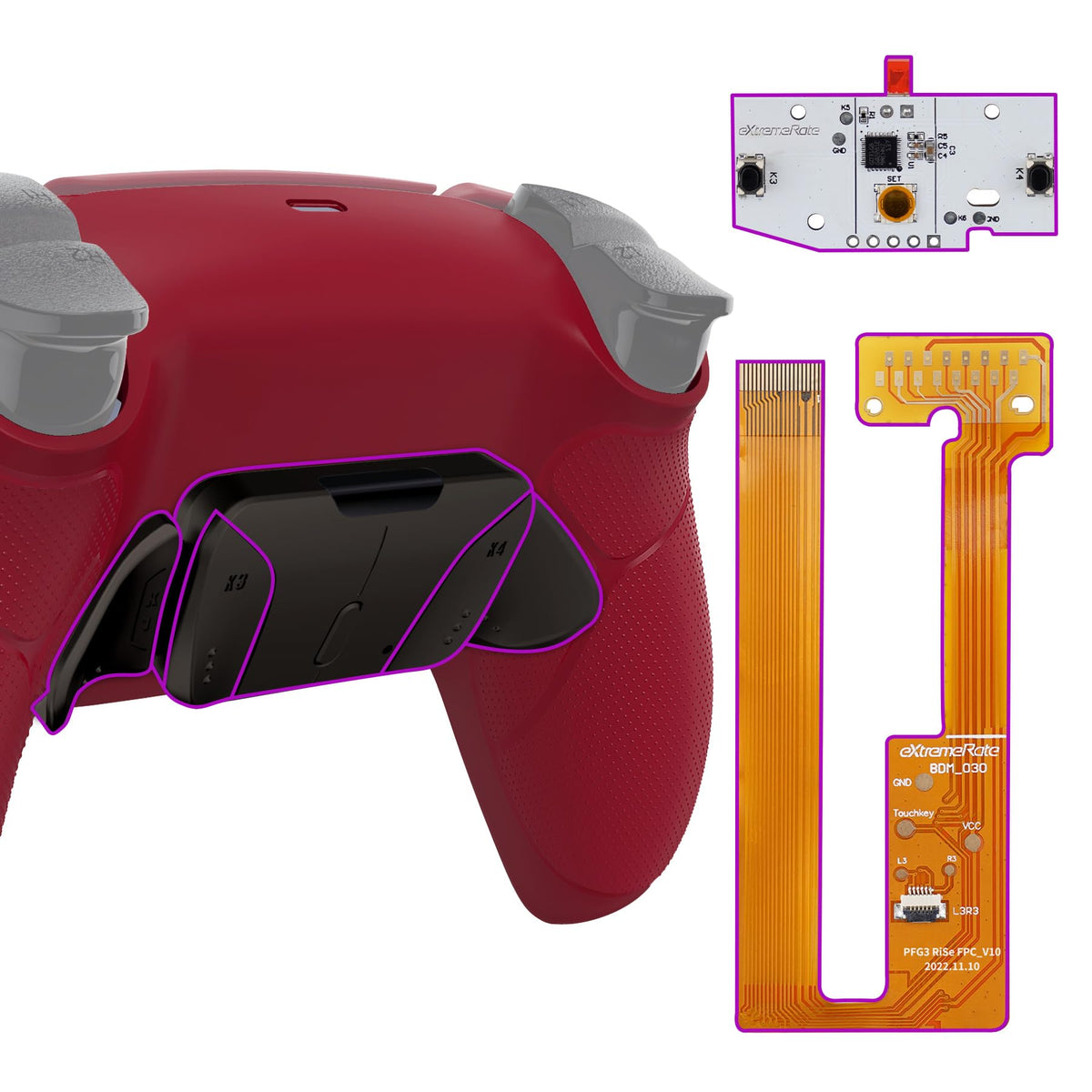 eXtremeRate Black Real Metal Buttons RMB Ver. RISE4 Remap Kit for PS5 Controller BDM-030 040 050, Volcanic Red Rubberized Grip Redesigned Back Shell, Upgrade Board & 4 Back Buttons for PS5 Controller