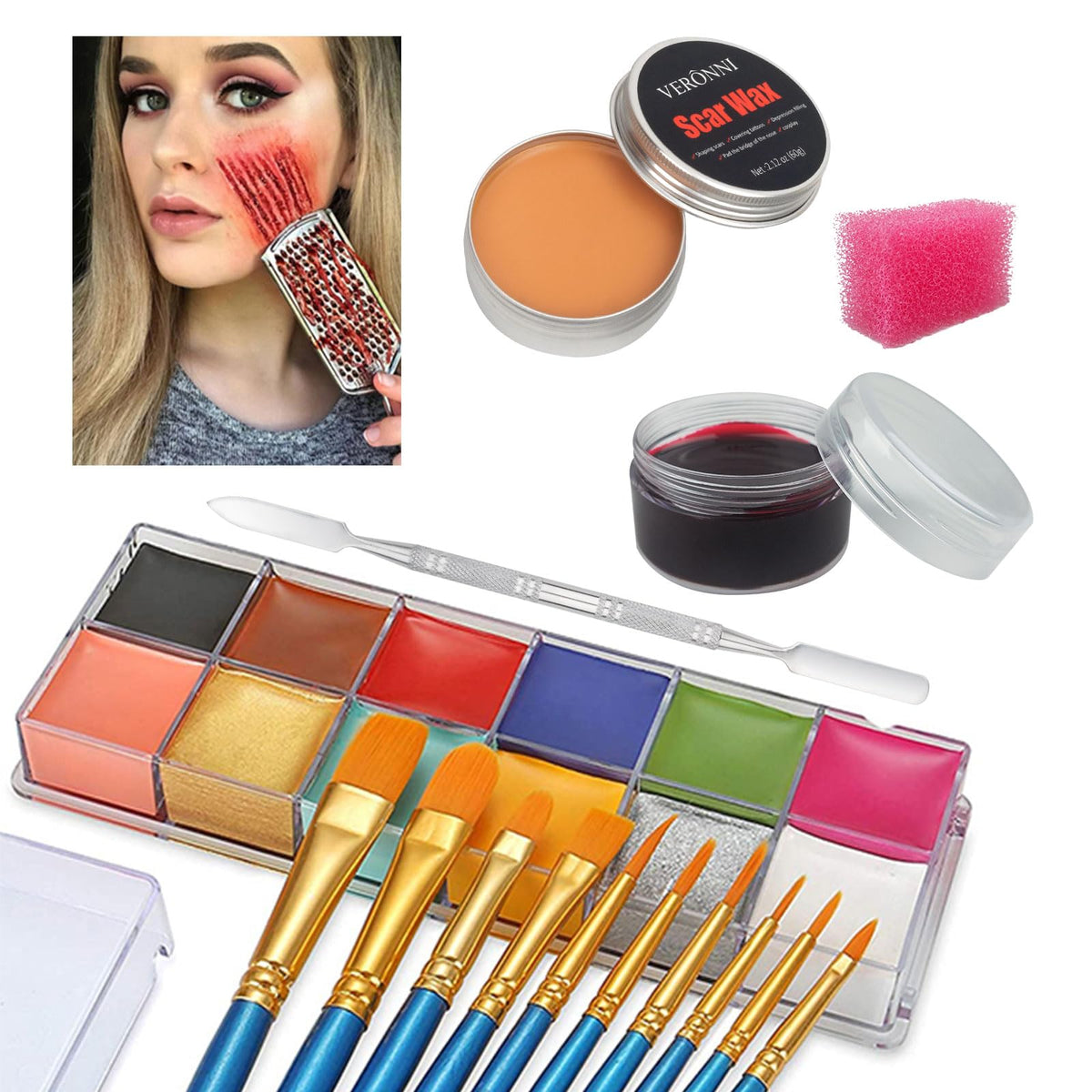 VERONNI SFX Makeup kit 12 Colors Face Body Paint Oil?96g?Halloween Makeup with Special Effects Wound Scar Wax, Fake Scab Blood, Spatula, 10 Brushes,1 Stipple Sponge (02)