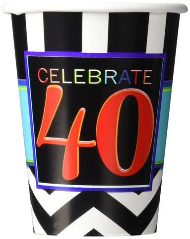 Must-Have Chevron and Stripes 40th Birthday Party Paper Cups Tableware, Pack of 8, Multi , 9 Ounces, Paper