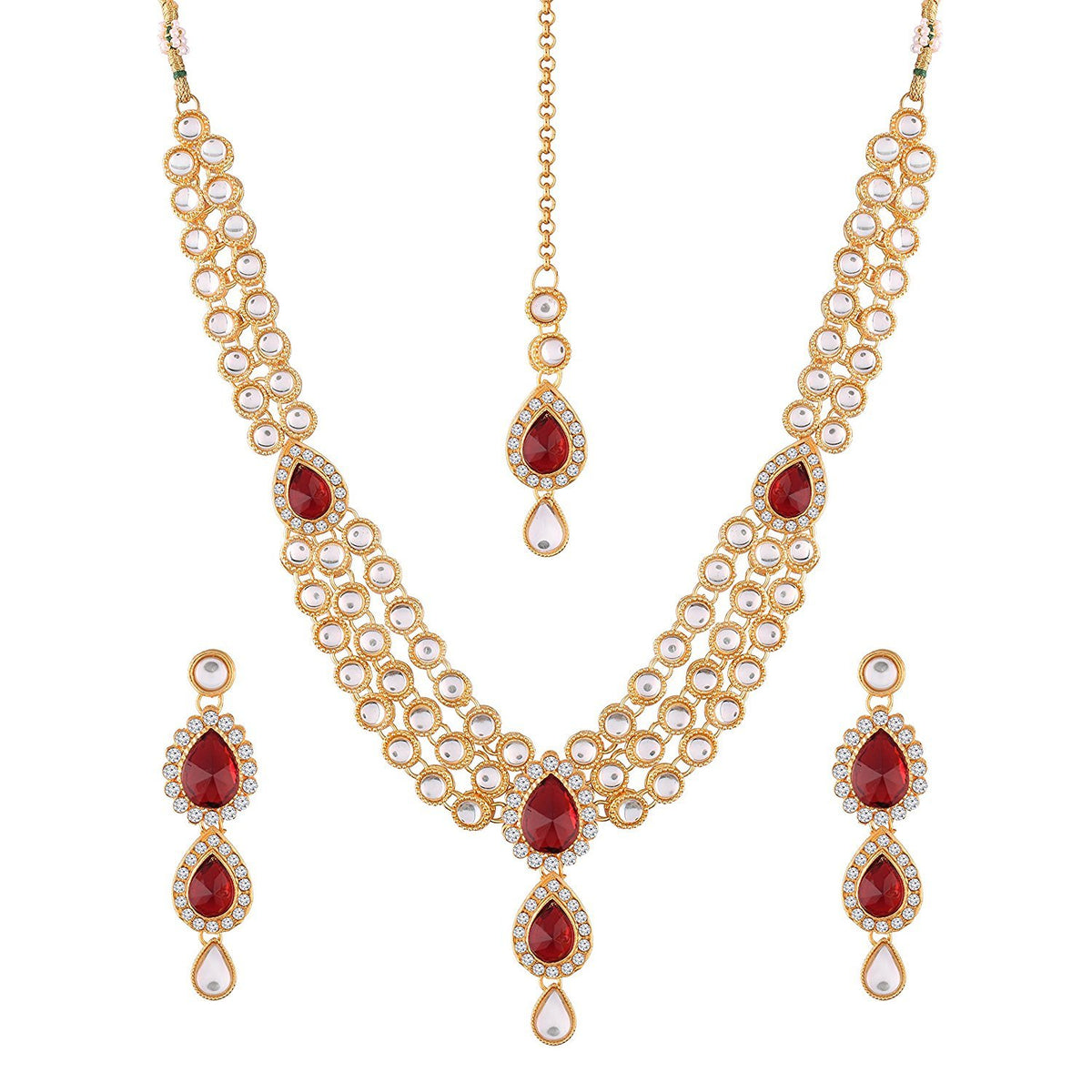 Aheli Indian Traditional Bollywood Kundan Maang Tikka Earrings Necklace Set Ethnic Jewelry for Women Girls (Green) (Red White)