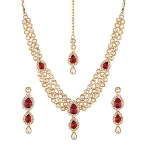 Aheli Indian Traditional Bollywood Kundan Maang Tikka Earrings Necklace Set Ethnic Jewelry for Women Girls (Green) (Red White)