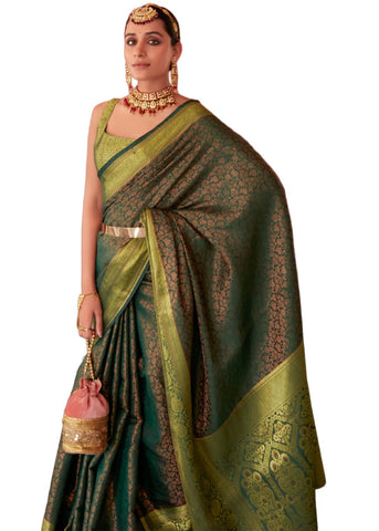 SWORNOF Women's kanjivaram banarasi silk saree Zari Woven festival Wedding silk sarees for women with Unstitched blouse piece, Green, 6 yard