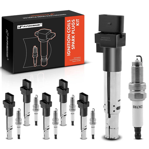 A-Premium Ignition Coils and Spark Plugs Kits Compatible with Audi A3 Quattro 2003-2009, TT Quattro & Volkswagen Eos 2007-2008, Touareg 2004-2006, R32 2008 & Porsche Cayenne 2004-2006, 3.2L 6-PC Set