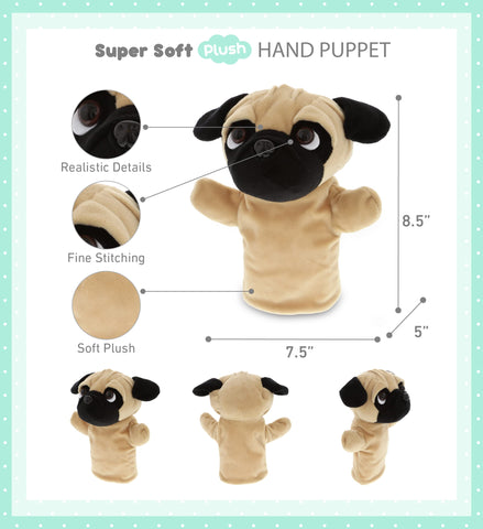 DolliBu Pug Dog Hand Puppet - Super Soft Plush Pug Stuffed Animal Hand Puppets for Kids, Cute Educational Pug Hand Puppets for Adults Teaching and Story Telling Puppet Show Theater Games - 8.5 Inches