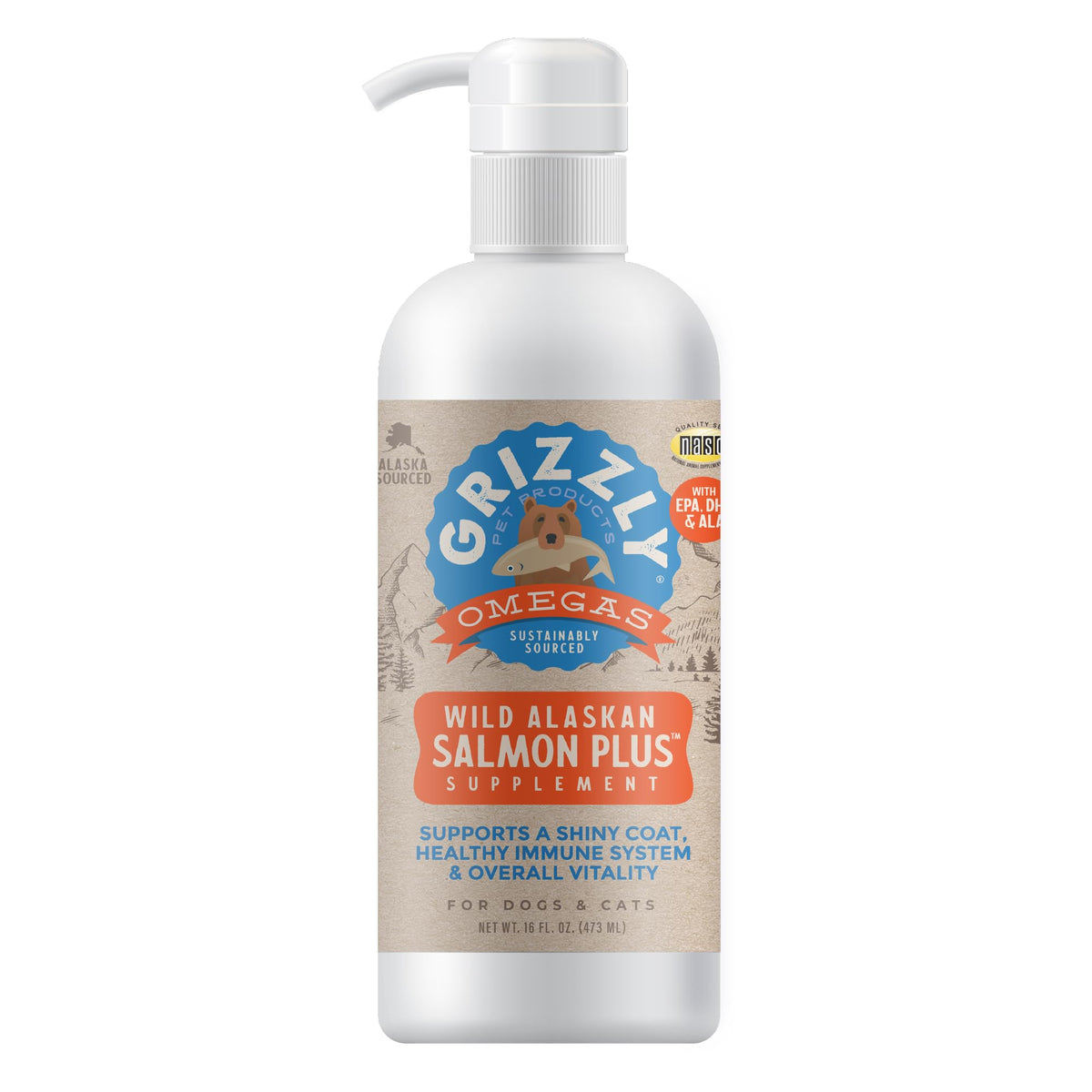 Grizzly Wild Alaskan Salmon Oil Dog Food Supplement Omega 3 Fatty Acids, 16 oz