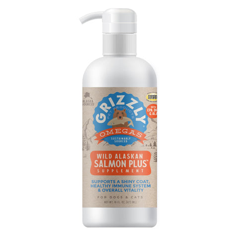 Grizzly Wild Alaskan Salmon Oil Dog Food Supplement Omega 3 Fatty Acids, 16 oz