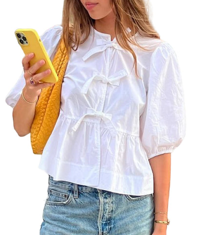 Women Y2k Peplum Shirt Puff Short Sleeve Lace Up Bow Blouse Tie Open Front Ruffle Hem Blouses Tops Streetwear(7766 White,Medium)