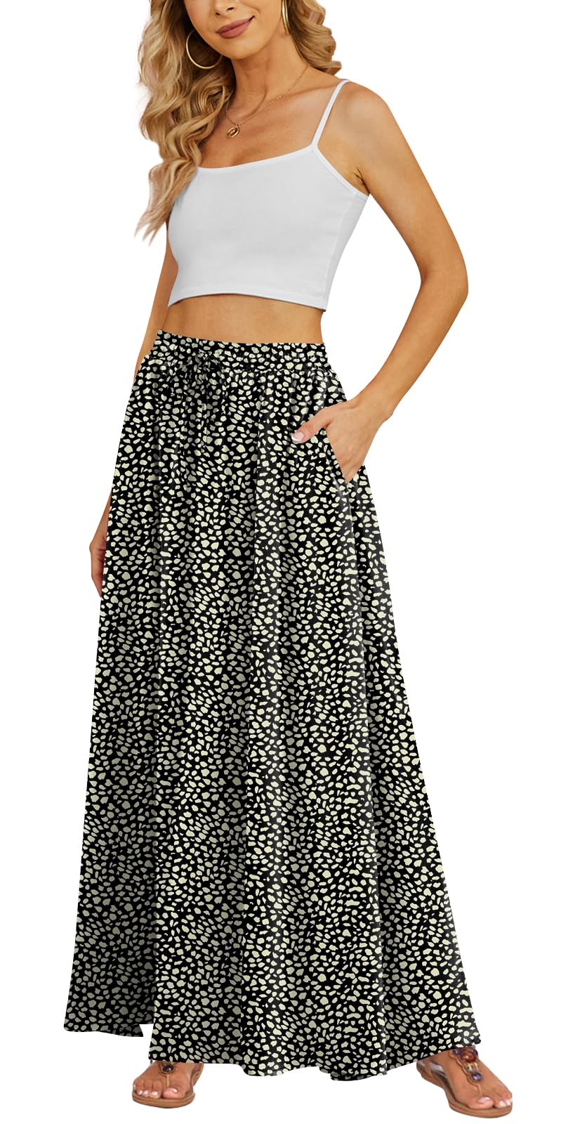 Yincro Women's Flowy Maxi Skirt Summer Pleated High Waisted Casual Long Skirts with Pockets (Leopard Black-1, S)