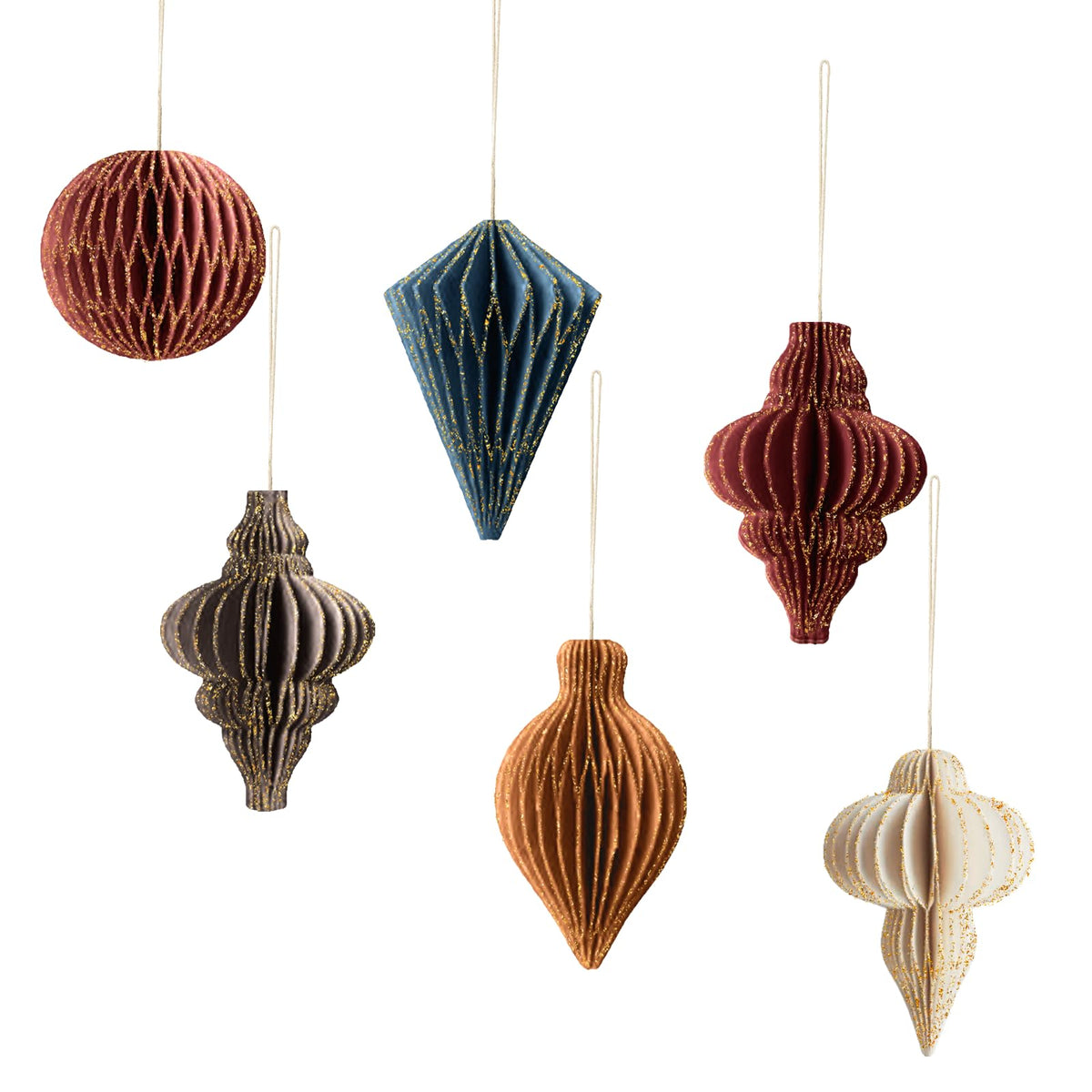 AOBKIAT Christmas Decorations Christmas Decoration, Red Brown Paper Ornaments for Christmas Tree, Pack of 6 3D Mini Paper Honeycomb with Glitter Edge, for Christmas Wreath, New Year's Eve, Home