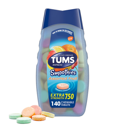 TUMS Smoothies Extra Strength Antacid Chewable Tablets for Heartburn Relief, Assorted Fruit - 140 Count