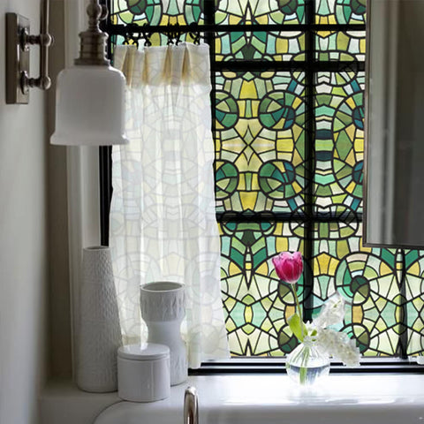 Neukids stain glass window film self adhesive, window film pattern Double sided green mosaic, bedroom living room kitchen bathroom offices glass decoration 30x300cm
