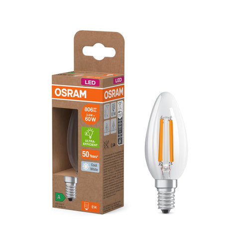 Osram Energy Class Classic Mini Candle, 3.8 W/806 lm, EEK A, Cool White Light (4000 K), CRI 80, Clear Lead-Free Glass, E14 Base, IP20, Diameter 35 mm.