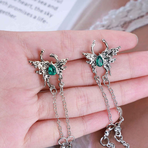 Yheakne Vintage Emerald Butterfly Earrings Silver Chain Tassel Drop Earrings Butterfly Emerald Stud Earings Long Cz Chain Earrings Jewelry for Women and Girls