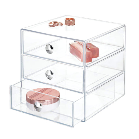 iDesign 35300 Makeup Organiser with Three Drawers, Sturdy Plastic Storage Box for Makeup, Accessories, Jewelry and More, Compact Dressing Table Organiser, Clear