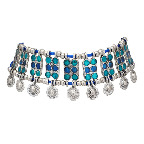 Jwellmart Indian Oxidized Silver Afghani Style Choker Style Statement Enamel Work Necklace for Women (Turquoise)