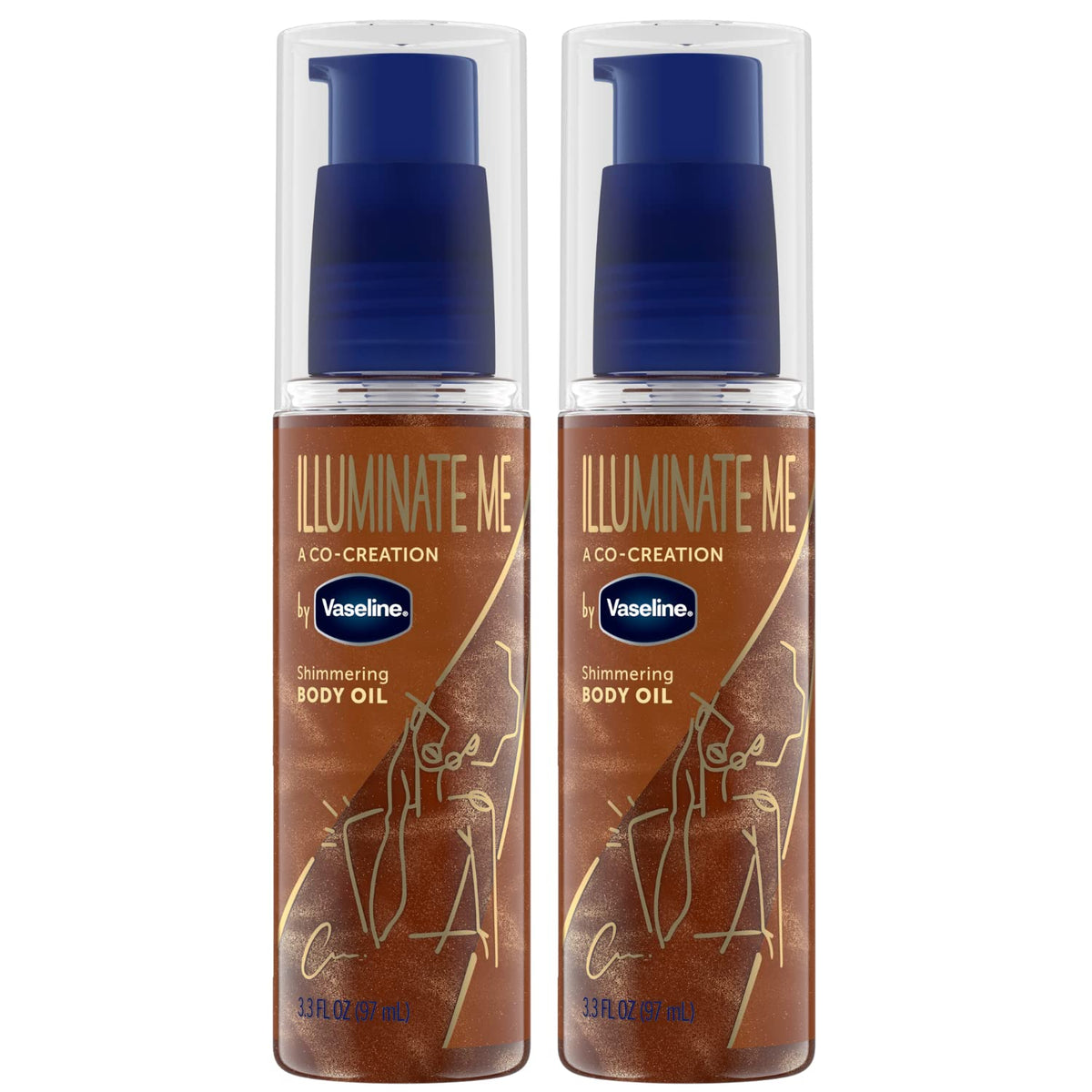 Vaseline Illuminate Me Body Oil - Shimmering Body Bronzer, Radiant Body Glow Oil, Hydrating Shimmer Body Oil for Melanin-Rich Skin, Body Shimmer Oil for Glowing Skin, 3.3 Oz Ea (Pack of 2)