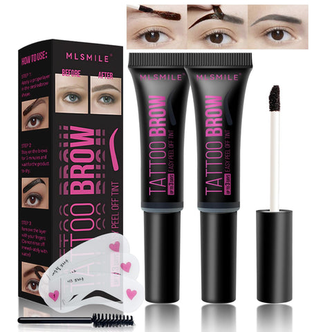 Jutqut Peel Off Tattoo Eyebrow Gel Eyebrow Tint, 2Pcs Eyebrow Tattoo Peel-off Brow Gel, Long-lasting, Waterproof & Transfer-proof Tattoo Brow Tint, Brow Lamination Kit with Stencil and Brush 01#