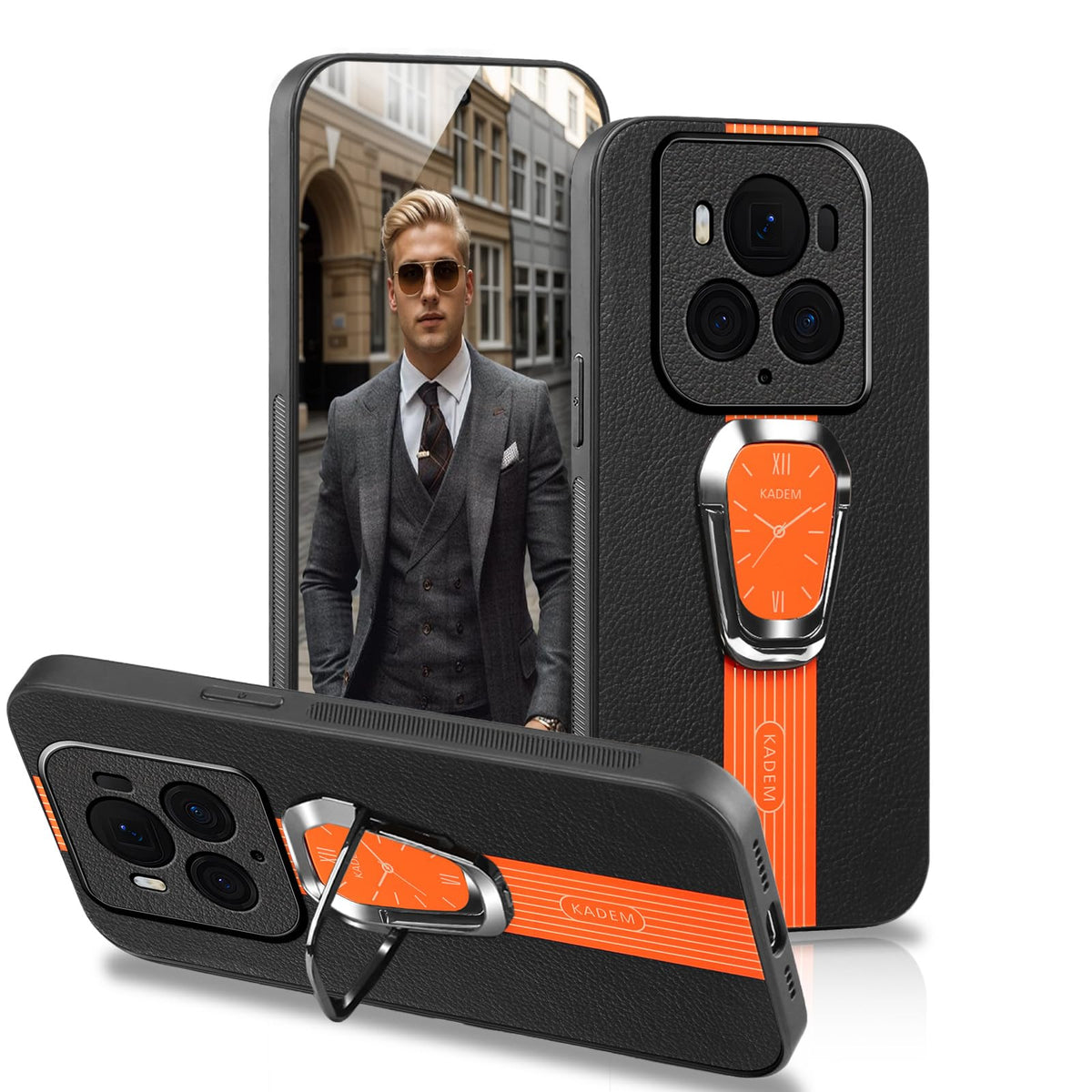 DESSEN Phone Case for Honor Magic 6 Pro 5G with Unique Watch Dial Design and Ring Stand Premium Leather Cover Compatible with Magnetic Bracket Shockproof Drop Protection Bumper Shell, Orange