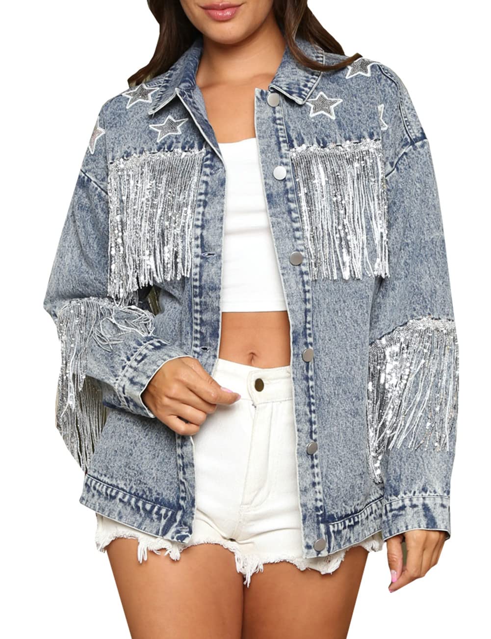 LifeShe Women Oversized Denim Jacket Casual Tassel Fringe Jean Jacket Boyfriend Jean Coats, Blue, Large