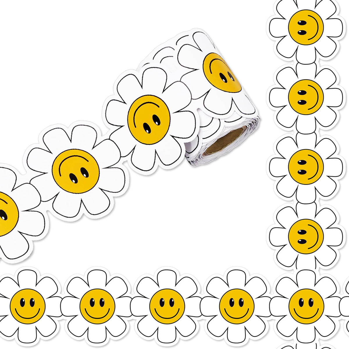 Whaline 32.8Ft Daisy Flower Bulletin Board Border Cartoon White Yellow Flower Die Cut Trim Border Roll for Classroom School Chalkboard Decor