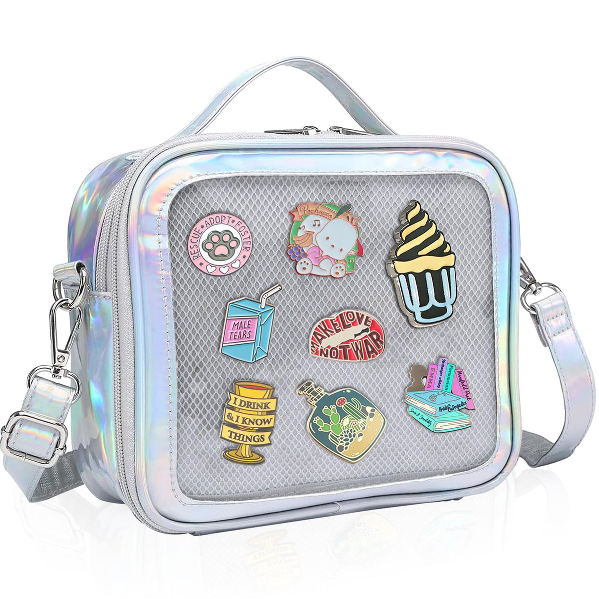 MOVOYEE Messenger Bag for School Teen Girl Women Casual Travel Clear Crossbody Bag Men Small Ita Bag Trendy Handbags, 01-laser Silver