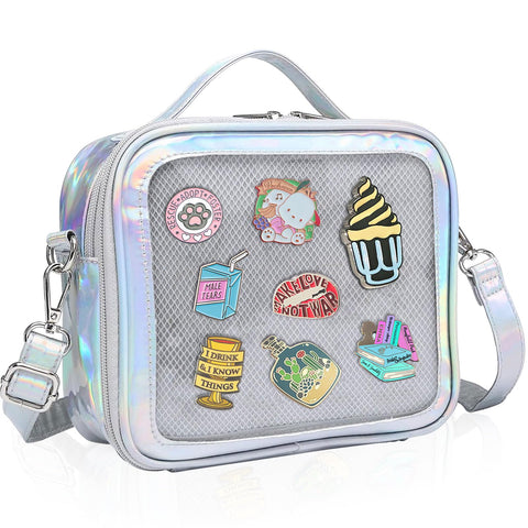 MOVOYEE Messenger Bag for School Teen Girl Women Casual Travel Clear Crossbody Bag Men Small Ita Bag Trendy Handbags, 01-laser Silver