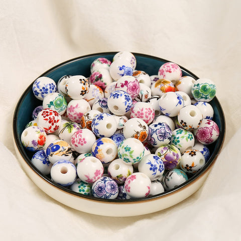 HERZWILD 100pcs Flower Ceramic Beads Craft Beads Threading Ball Bracelets Beads Colorful Beads Set Chinese Porcelain Beads for DIY Schmuck Arts Crafts Necklace Bangle (10mm)