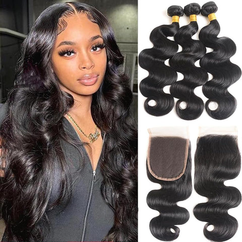 Bundles with Closure Human Hair Body Wave 100% Unprocessed Brazilian Virgin Human Hair 3 Bundles with Closure?14 16 18+12?Human Hair Extensions with 4x4 Free Part Lace Closure Natural Black
