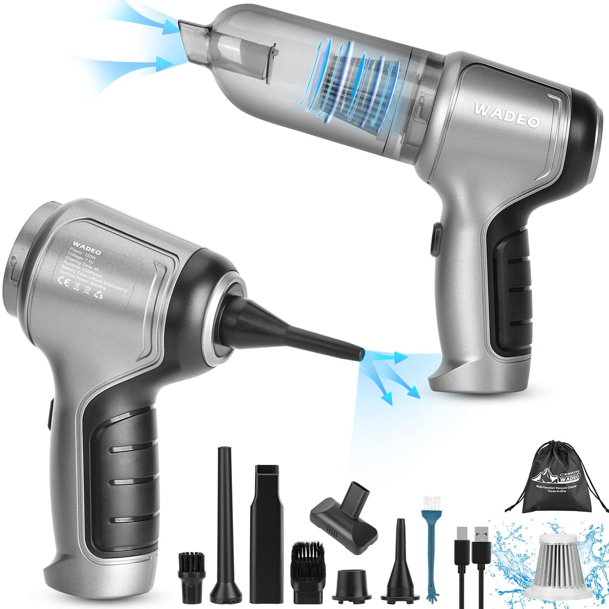 WADEO Compressed Air Duster, 200000RPM Electric Air Duster for Cleaning Keyboard&PC, 2 Gears Adjustable Rechargeable Cordless Jet Dry Blower Air Blower for Car and Home