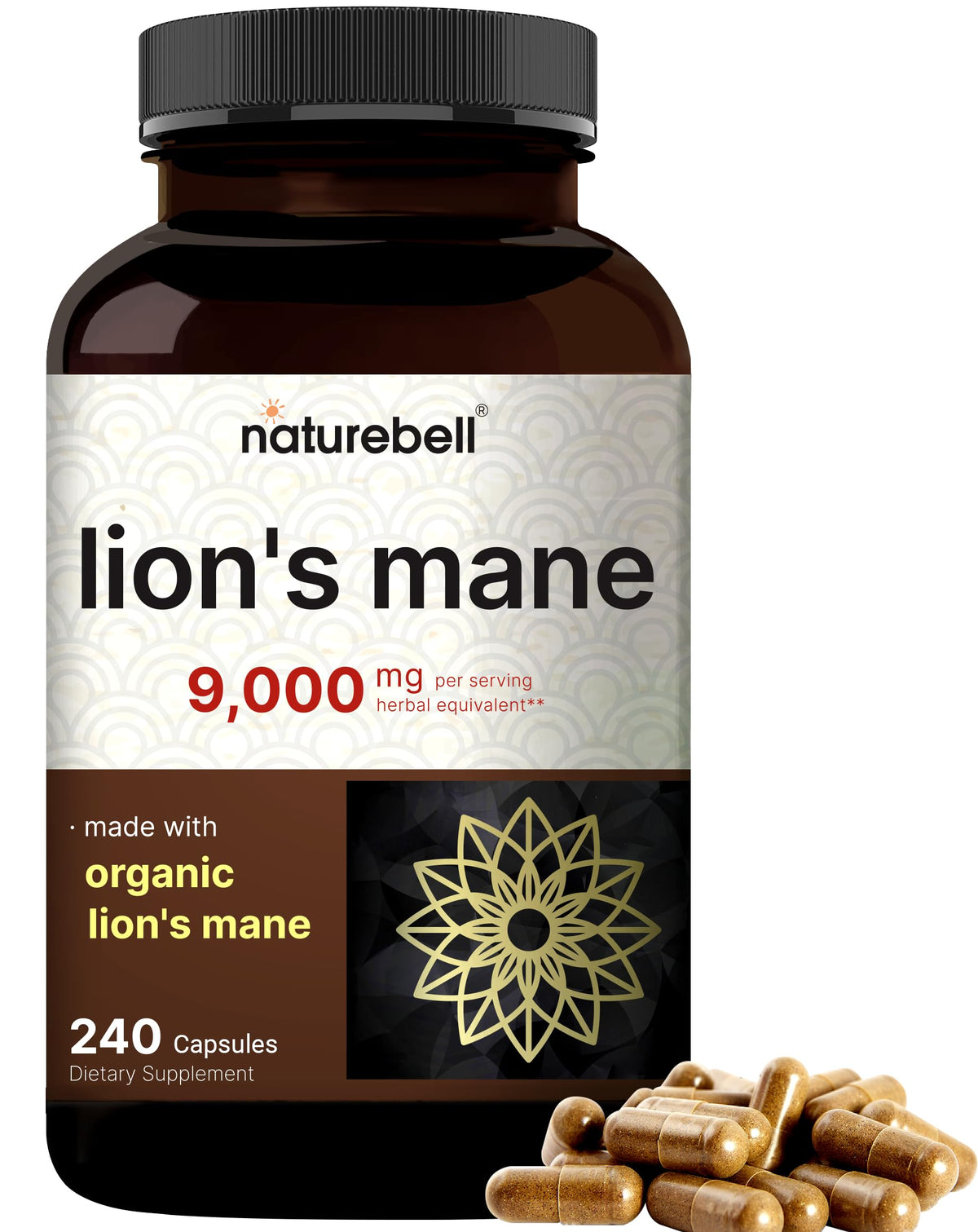 Lions Mane Mushroom Supplement Capsules 9,000mg, 240 Capsules | 120 Days Supply - Made with Organic Lionâ€™s Mane Powder Extract - Cognitive Brain Nootropic & Immune Health Support - Non-GMO