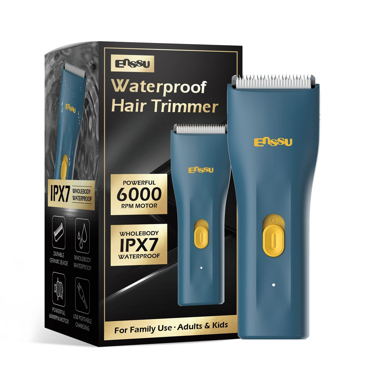 ENSSU Hair Clippers, Waterproof Men Body Hair Trimmer, Cordless Hair Cutting Kit for Head, Rechargeable Home Barber Haircut Trimmer for Kids/Men/Boys/Adults, Dark Blue