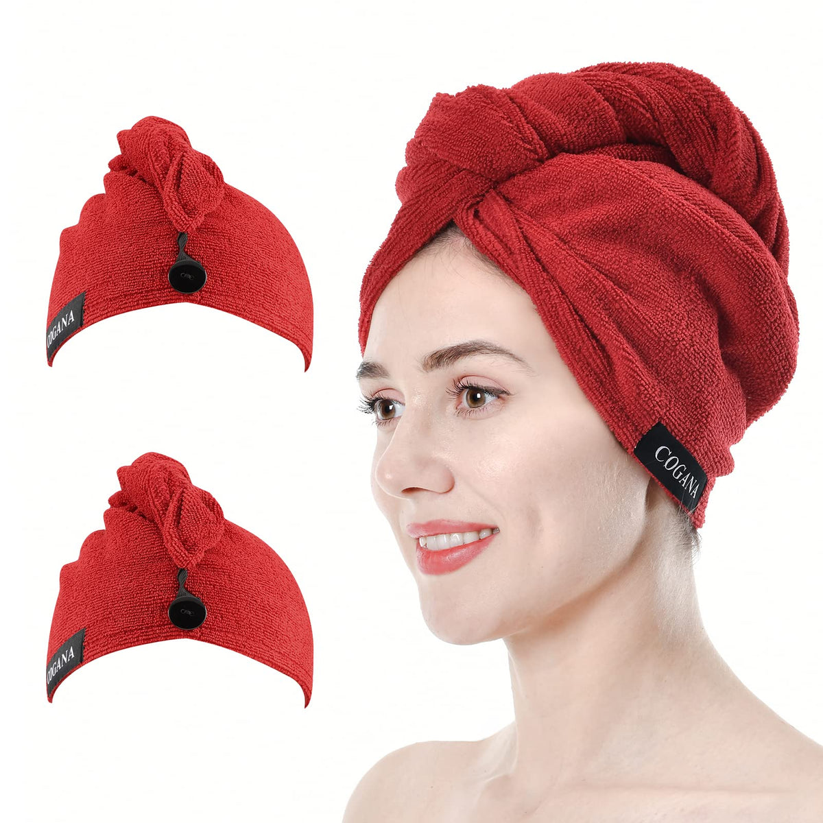 COGANA Microfiber Hair Towel, Hair Towel Wrap for Women, Hair Drying Towel with Button, Hair Wrap Towel for Curly Hair, Hair Turban for Wet Hair (Red, 10Wx28L)
