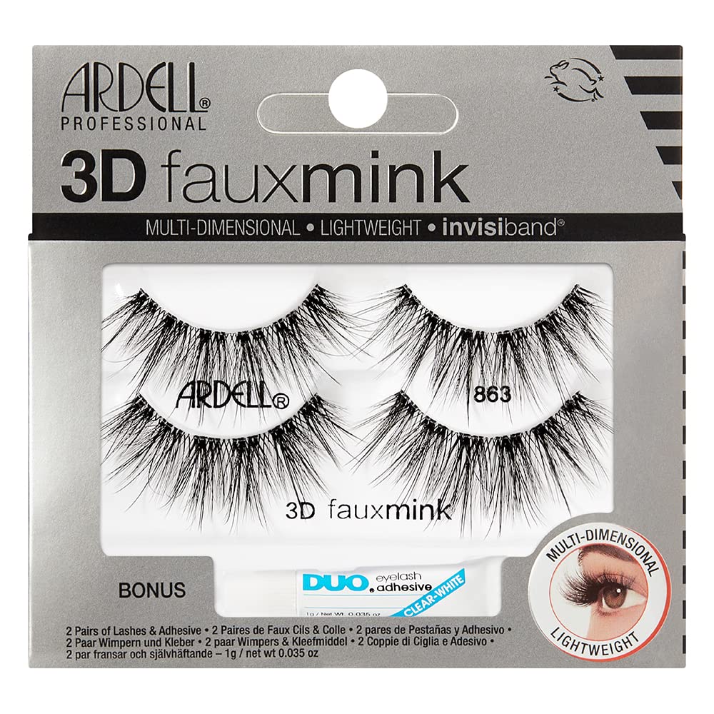 Ardell 3D Faux Mink 863 Lashes + 1 gram DUO Pipette, 2 Pairs