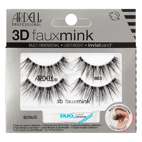 Ardell 3D Faux Mink 863 Lashes + 1 gram DUO Pipette, 2 Pairs