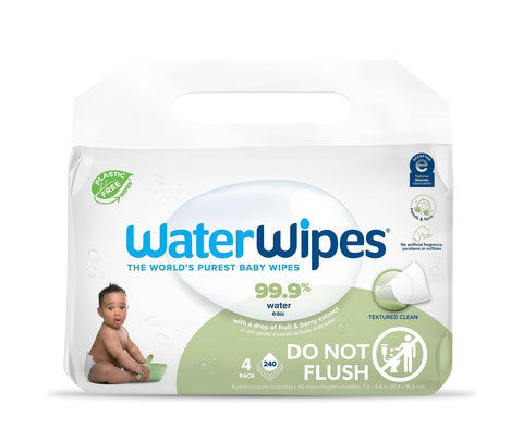 WaterWipes Plastic-Free Textured Clean, Toddler & Baby Wipes, 99.9% Water Based Wipes, Unscented & Hypoallergenic for Sensitive Skin, 240 Count (4 packs), Packaging May Vary