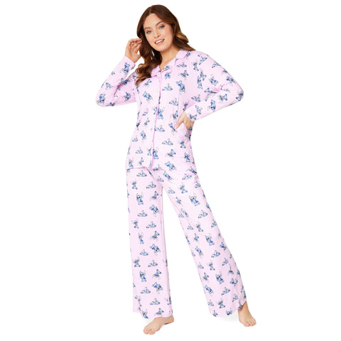 Disney Stitch Womens Pyjamas Set Nightwear Button Front Long PJs Lounge Set S-XL Women Teenagers Stitch Gifts (Pink, L)